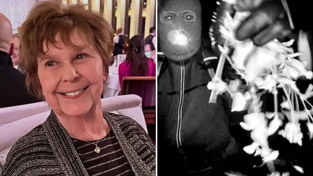Split photo of Nancy Guthrie and masked man on her doorbell camera