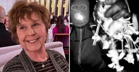 Split photo of Nancy Guthrie and masked man on her doorbell camera